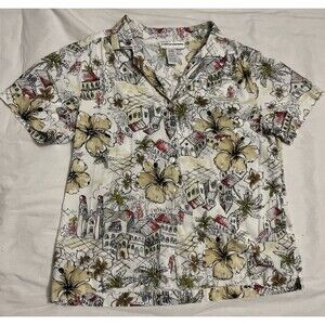 Cathy Daniels Women's M Floral V Neck Knit Top White Red Blk Stretch Poly Blend